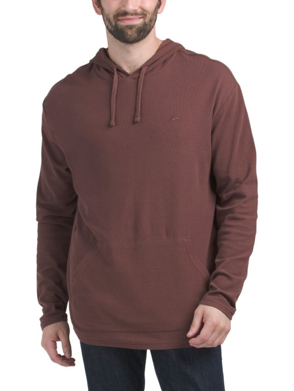 Quiksilver Mens Waffle Knit Thermal Hoodie Brown Size M Long Sleeve Kangaroo Poc